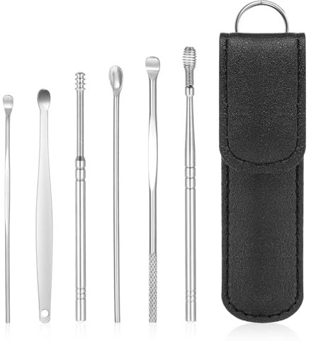 Oruola 6 Pcs Ear Cleaning Tool,Stainless Steel Ear Cleaning Kt,Portable Ears Cleaner Set with PU Leather Case,Reusable Ears Wax Removal Kit for Children & Adults Personal and Home Use