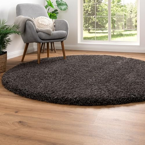 Steffensmeier Hochflor Teppich Twilight | Wohnzimmer | Beste Qualität | Elastischer Flor | Anthrazit 7733, Größe: Ø 120 cm rund