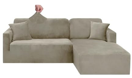 Samt-Sofabezug-Set, 2-teilig, L-Form, Halbinsel, Sofabezug mit Chaiselongue, universal, links/rechts, Ecksofabezüge für 4 Sitze (235 - 310 cm), Khaki