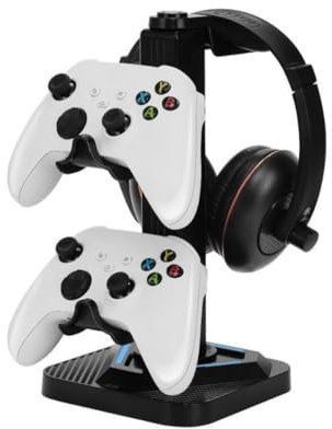 AARONMEI Universal Gaming Controller Stand with Headset Holder, RGB Lighting & USB Hub Ports, Rotatable Mount Compatible with PS5/Xbox/Switch - 4 Controllers & Headset Organizer (Black)