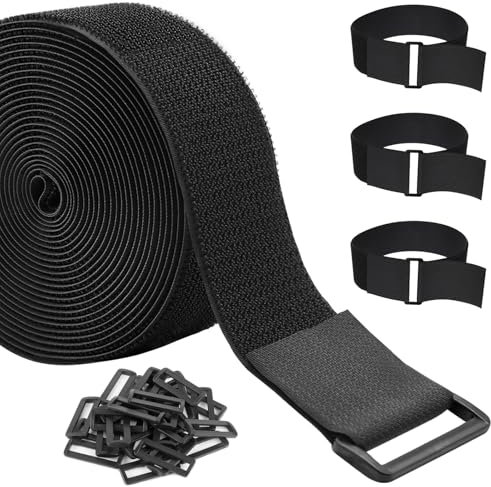ZSURLUX 5cm*5m Heavy Duty Cinch Straps with 15 Buckles, Cut-to-Length Hook and Loop Strips, Adjustable Long Cable Ties for Home and Office Storage, Black