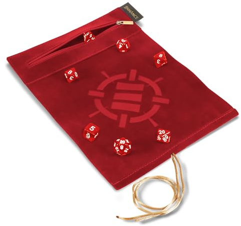 ENHANCE Würfelmatte zum Rollen auf Einer Schriftrolle und 7-teiliges Acrylwürfelset - Samt-Würfeletui mit Würfelhalter und Ablage, kompatibel mit DND und Anderen Tabletop-Spielen - Rot