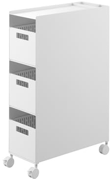 Yamazaki 10015 Tower 3-Tier Storage Rack with Baskets and Wheels, White, Steel/ABS Resin/Nylon/Silicone, Minimalist 16.6 x 43 x 58 cm (L x W x H)