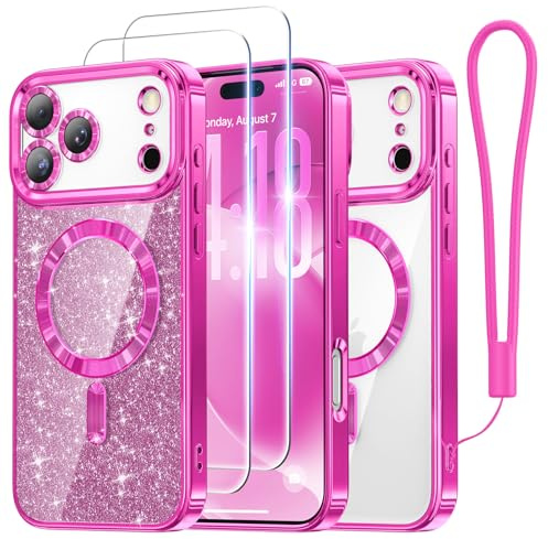 Meifigno Entwickelt für iPhone 17 Pro Max Hülle 6,9, [Glitzer Karte & Handykette] [Kompatibel mit MagSafe] [2X HD Schutzfolie] Vollständiger Kameraschutz für iPhone 17 Pro Max Hülle, Heiß Rosa