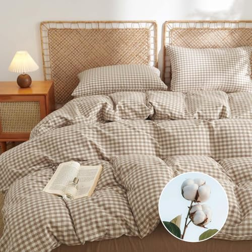 AShanlan Bettwäsche 220x240 Baumwolle Beige Kariert Bettwäsche-Sets 220 x 240 cm Bettbezug mit 2 Kissenbezug 80x80 cm ÖKO-TEX Leinenoptik Gewaschene Baumwolle Bettwäsche mit Reißverschluss
