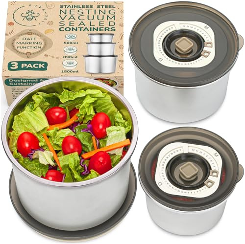 Everusely Vacuum Sealed Food Containers with Date Marking - Large Set of 3 Airtight Stainless Steel Metal Lunch Storage with Translucent Lids - Leakproof & Food Grade - Kitchen Nesting Bowls