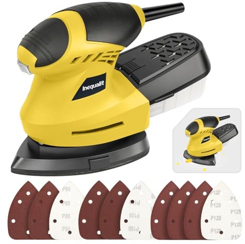 Inequalit 200W Palm Detail Sander, Dust Collection 10Pcs Sandpaper | 12000 OPM High Efficient Palm Sander,Rotatable fuselage Ideal for Woodworking,Furniture Polishing,Daily DIY Renovation