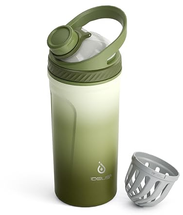 Ideus Edelstahl Protein Shaker 700 ml auslaufsicher mit Griff Militärgrün | Doppelt isoliert, BPA-frei, mit leisem Rührsieb für Sport & Fitness