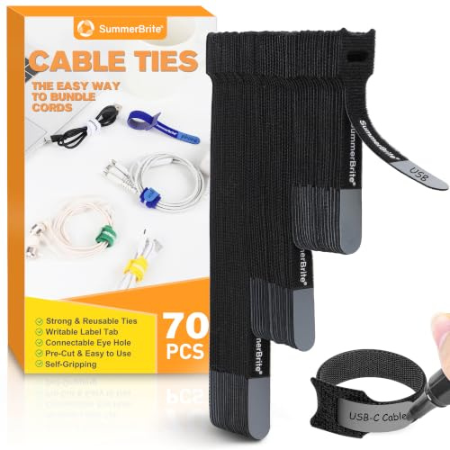 Summerbrite Beschreibbar Klett Kabelbinder 70 Stück, 10/15/20 cm, Schwarz | 2-in-1-Kabeletikett und Kabelbinder, wiederverwendbar, geeignet zum Sortieren, Ordnen und Aufbewahren von Kabeln