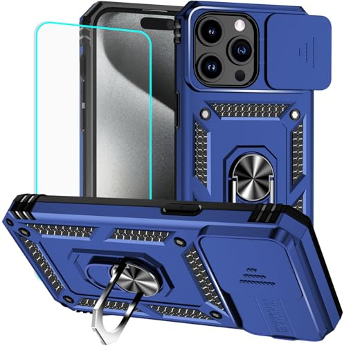Yiakeng for iPhone 15 Pro Max Case with Screen Protector: [Military Grade 20ft. Drop Tested] Slide Camera Cover Ring Shockproof Protective Phone Case for - iPhone 15 Pro Max (Blue)