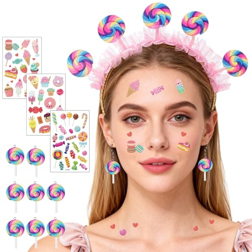 Regenbogen Haarreif Lollipop, Candy Haarreifen Mädchen Haarreif Fasching Damen Kinder Haarband Stirnband mit Süßigkeiten Gesichtstattoo Lollipop Anhänger Candy Girl Karneval Kostüm Cosplay Accessoires