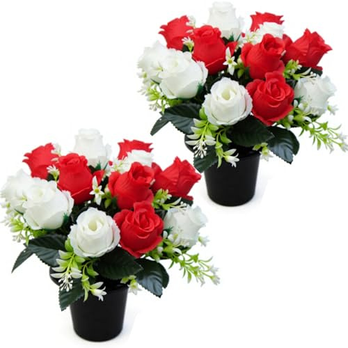 AIGOCITY 2PCS Grave Flower Pots,Artificial Flowers for Graves Roses | 2 Colours Red White Roses Silk Cemetery Ornaments Outdoor Decorations,Fake Funeral Memorial Bouquet in Pot for Graveside