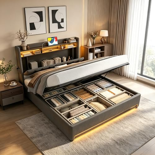 MARSBIRD Bettgestell 140x200cm MTI Stauraum unten, Modernes Polsterbett Bettrahmen Doppeltbett Jugendbett mit Kopfteil, LED-Belechtung und USB-Anschlüsse, ohne Matratze Grau
