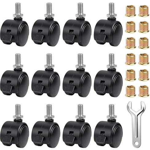 Akamino 12 PCS Swivel Universal Casters Wheels with Brakes for Furniture, Black Nylon Caster Wheels with M7.5 Threaded Stem Nut and Spanner, Dual Track Rollers & Locking Mechanism