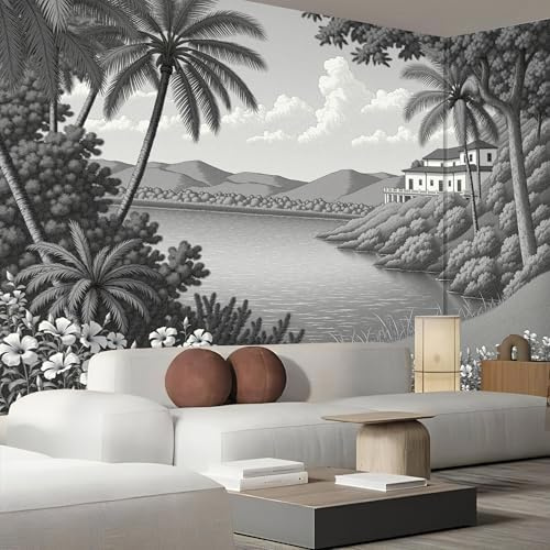 Papier Peint Panoramique Palmier Simple Architecture , Papier Peint Peinture De Paysage Noir Et Blanc 200X140Cm, Tableaux Poster Photo Décoration Murale, Fond Tv Décoration Murale Salon Chambre