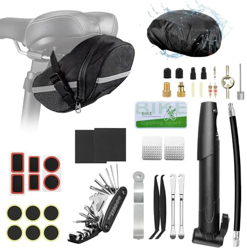 Kit de réparation de vélo Oziral multifonction 16-en-1 Kit Crevaison Velo accessoires VTT avec un couvercle étanche mini pompe 12 rustines pour pneus avec adhésif, rangement pratique pour accessoires