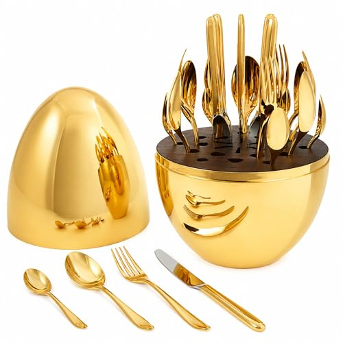 24-Piece Gold Stainless Steel Cutlery Set – Egg-Shaped Modern Flatware Tableware with Spoons, Forks for Dining, Kitchen & Home