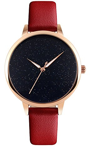 TONSHEN Damenuhr Analoge Quarz Uhr Leder Band Armbanduhr Edelstahl Einzigartige Sternenhimmel Zifferblatt Schlichtes Uhren, Rot