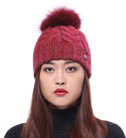 Damen Strickmütze Herbst Winter Mütze Bommelmütze mit Waschbär Fell Bommel - weinrot
