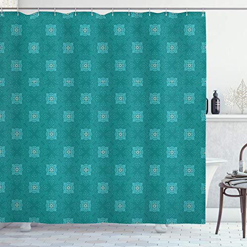 ABAKUHAUS marokkanisch Duschvorhang, Timeless Orient Motive, Stoffliches Gewebe Badezimmerdekorationsset mit Haken, 175 x 220 cm, Teal Blassblau Weiß
