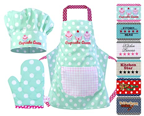 Emily´s Check Kochmütze + Küchenschürze + Topfhandschuh für Kinder - 3teiliges Set 1428.2002, Cup Cake Queen, Medium [7-12 Jahre]