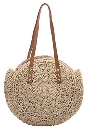 ZYUEER Grand Sac A Main Bandouliere Femme Vintage Cuir Boheme Rond, En Paille et Rotin Rond Filles (Blanc)