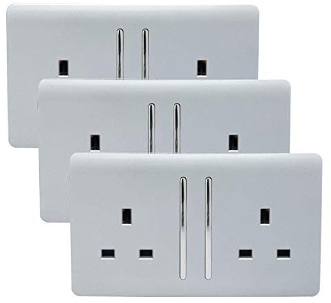 Trendi 2 Gang Artistic Modern Glossy 13 Amp Switched Tactile Plug Socket Silver (3 Pack)