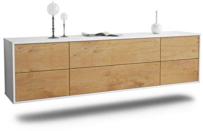 Dekati Lowboard Saint Paul hängend (180x49x35cm) Korpus Weiss matt - Front Holz-Design Eiche - Push to Open