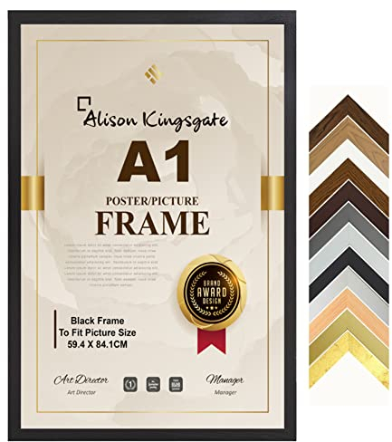 Alison Kingsgate Premium A1 Frame Black In Size 59.4 x 84.1 cm Frame - A1 Photo Frame with Clear Perspex Front & Wall Mounting to Hang Portrait or Landscape (Black)