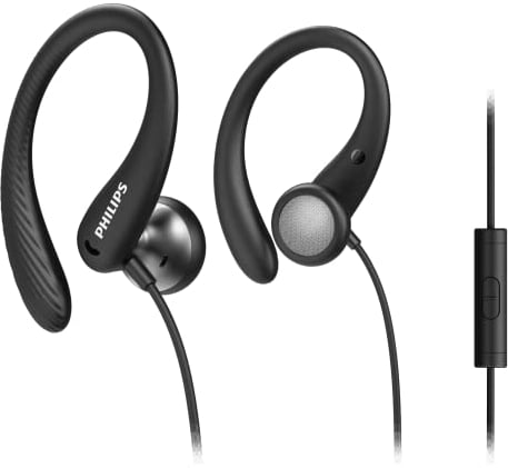PHILIPS A1105 In-Ear Sport Kabelgebundene Kopfhörer mit Ohrbügel für sicheren Sitz, Tiefe Bässe, Inline-Fernbedienung und Mikrofon, schweißresistent, 3,5 mm Stecker TAA1105BK