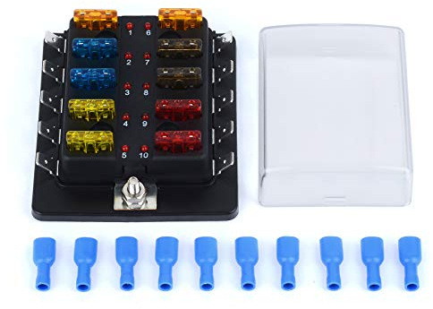 Jtron Boîte à Fusibles de Voiture 12 V 10 Voies - Porte-Fusibles 12 Pièces ATC/ATO 5A 7,5A 10A 15A 20A + 10 Prises à Affichage LED Pour Voiture, Bateau, Marine, Camion