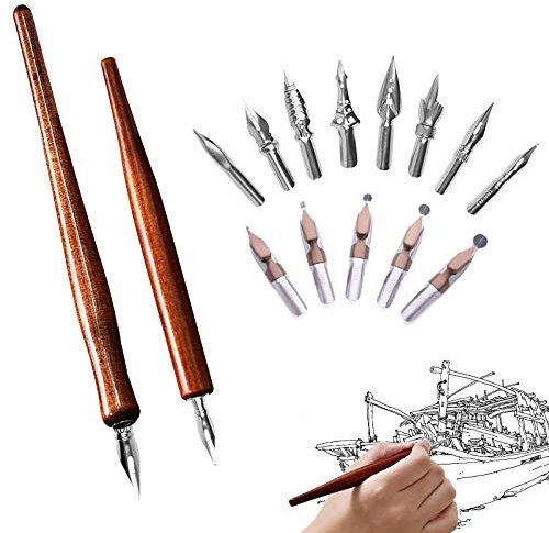 Comic Dip Pen, Calligraphy Dip Pen Including 2 Pen Holders and 13 Nibs, Dip Pens for Artists, Ideal for Painting Animation Calligraphy Lettering Sketch Cartoonists(Burning Wood Color)