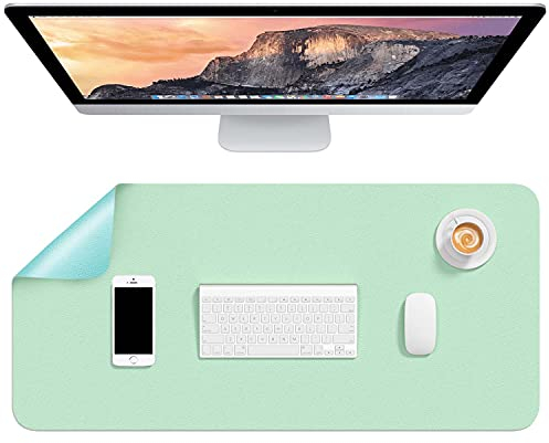 Hsurbtra Desk Pad, 80 x 40 cm Dual Side PU Leather Large Mouse Pad, Desk Protector, Desk Mat for Desktop, Cute Desk Accessories for Women Office, Desk Supplies for Keyboard and Mouse, Green & Blue