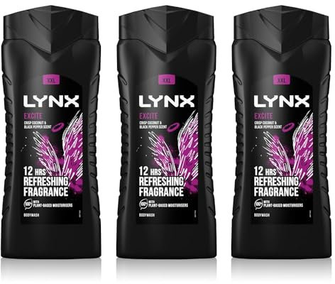 3 Pack of 500ml Lynx 12 Hour Refreshing Excite Crisp Coconut and Black Pepper Body wash for Feeling Clean and Fresh with Plant-based Moisturisers, Keep Smelling Irresistible!