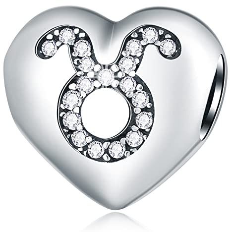 Taurus Zodiac Sign Charms, fits Pandora Birthday Bracelet, 925 Sterling Silver Heart Beads I Love My Constellation with CZ Birthstone, Tau Star Horoscope Gifts for Mothers Day/Mom