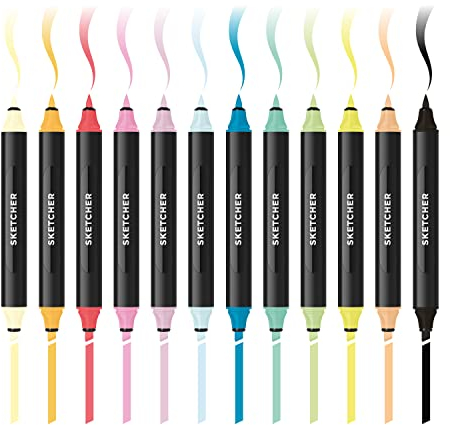 Molotow Sketcher Twinmarker Main Kit 2 (Brush Tip & 3mm Keilspitze, farbintensive Aqua Pro Tinte, schnelltrocknend, für die Anwendung auf Papier) 12 Stifte mehrfarbig