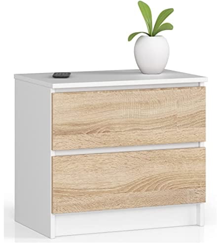 AKORD Kommode K60 mit 2 Schubladen | für das Wohnzimmer Schlafzimmer Schrank Büro Arbeitszimmer | Modernes Funktionales Design | B60 x H55 x T40 cm, Gewicht 20kg | Weiß/Sonoma-Eiche