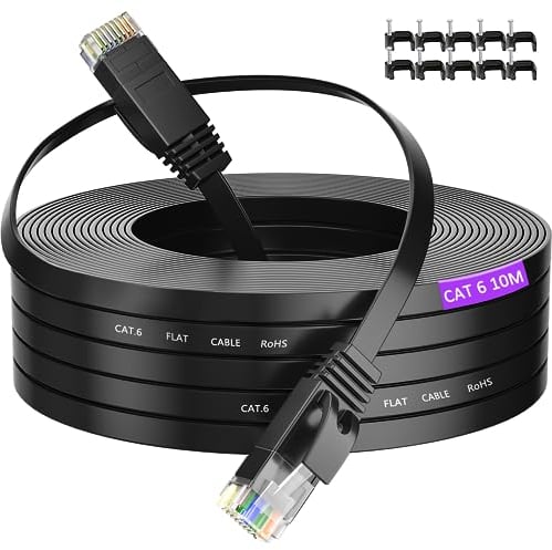 Cable Ethernet 10 Metros, Cat 6 Cable de Red Plano Largo Latiguillo Rj45 Cable Network Gigabit Negro Alta Velocidad Cable Internet 10m para Switch, Router, Módem, Panel de Conexión, PC