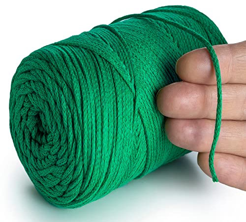MeriWoolArt® Makramee Garn Grün 2 mm x 250 m Baumwollkordel, recyceltes weiches Baumwollgarn für das Stricken von Pflanzenhängern, Schmuckherstellung, Häkeltaschen