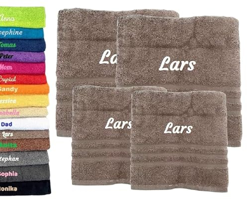 4er Pack Personalisiertes Handtuch und Badetuch Mit Namen - Schön Gestickter Name - 100% Baumwollhandtuch 2X (50 x 100 cm) + 2X (140 x 70 cm) - Hellbraun