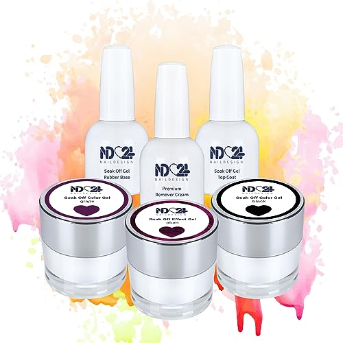 ND24 NailDesign Premium Bundle Black Velvet Soak Off Gel Collection Rubber Base Top Coat und Cream Remover - Hochpigmentiert UV LED Gellack - Satte Farbe Haltbar - Easy Peel Off Ablösen - 6-teilig