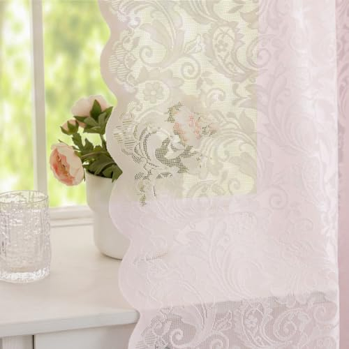 ALIGOGO Tende rosa per camera da letto delle ragazze, lunghezza 160 cm, 2 pannelli, eleganti tende a coquette in pizzo floreale per soggiorno, tende rosa per bagno, casa, ufficio, decorazione estetica
