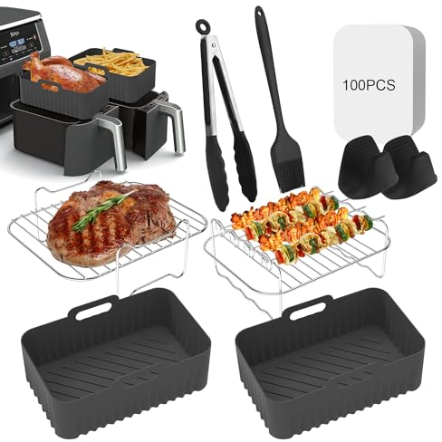 Large Size Air Fryer Accessories, 9Pcs Dual Air Fryer Accessories for Ninja Foodi Dual AF400UK AF451UK & Other 9.5LDual Zone Air Fryers, Upgraded Silicone Air Fryer Liner
