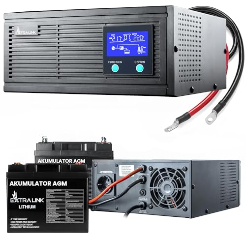 Fuente de la alimentación de Emergencia, Extralink Piorun 2000VA/1600W+ 2 Baterias AGM 12V 100Ah, inversor 12V 220v Onda Pura, tensión de batería 12v DC, Onda sinusoidal Pura, SAI (UPS), Pantalla LCD