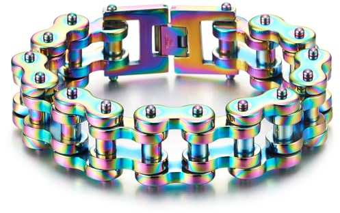 COOLSTEELANDBEYOND Schwere Robust Herren Motorrad Fahrradkette Motorradkette Armband aus Edelstahl, Oxidierte Regenbogen Poliert