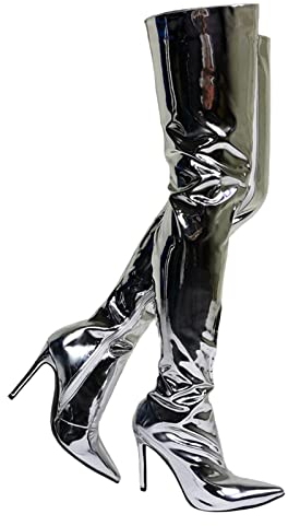 Stivali sopra Il Ginocchio con Punta Argento Lucido da Donna, Stivali Alti alla Coscia con Tacco a Spillo Sexy, Scarpe da Ballo per Feste alla Moda per Tutti Gli abbinamenti,Argento,36