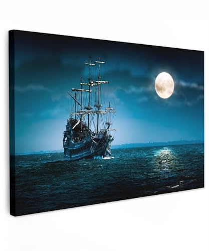 MuchoWow© Leinwand 90x60 cm Deko Schlafzimmer Aesthetic Leinwandbilder Wohnzimmer Gemälde Foto Geschenk Living Room Decoration Piraten - Meer - Nacht - Schiff - Mond