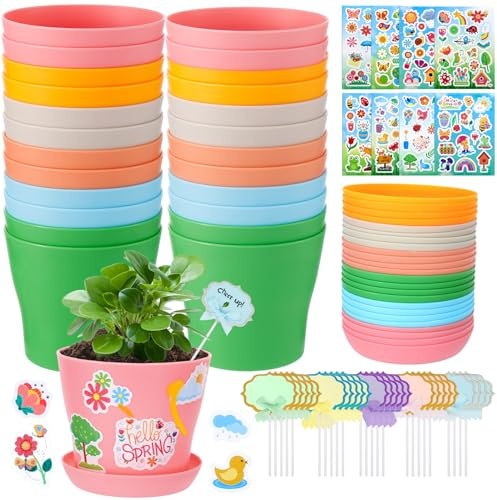 Durable Resin Garden Pot Craft Kit for Kids- 24 Pack Colorful Flower Plant Spring Crafts with Super-adhesive Stickers & Blank Labels School Activities Growing Kit for Classroom Home DIY Gift 4+ years