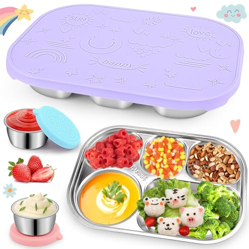 Hydream Bento-Lunchbox Brotdose, Edelstahl Bento Boxen mit 5 Fächern Lunch Box mit Silikon Deckel, Wiederverwendbare Brotbox Snackbox mit 2x50ml Salatdressing Dip Behälter,Auslaufsichere (Violett)