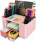 DoDuo Organisateur de Bureau, Multifonctionnel Rangement de Bureau, Plastique Organisateur Desk avec 5 Compartiments 2 Tiroirs pour Maison École Salle de Classe (Rose)